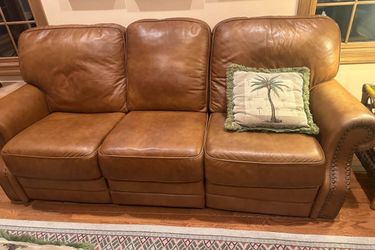 Brown Leather Reclining Sofa with Nailhead Trim