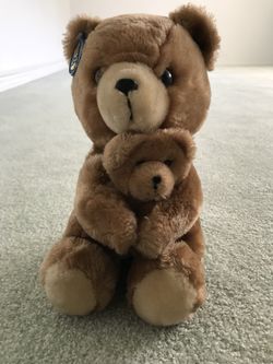 Vintage 1977 Dakin Mother and cub baby brown bear Teddy plush stuffed animal