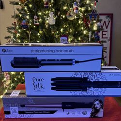 Hair Curling Wand, Straightening Brush, and 3 Barrel Curling Iron Crimper BUNDLE