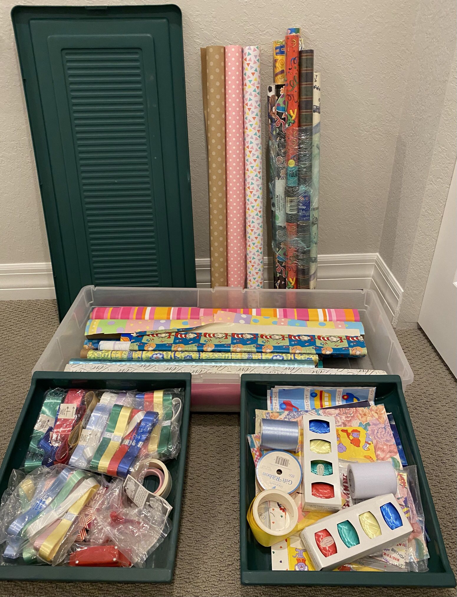 Rubbermaid wrapping paper storage Container…Includes all items shown for your wrapping needs!!! $35