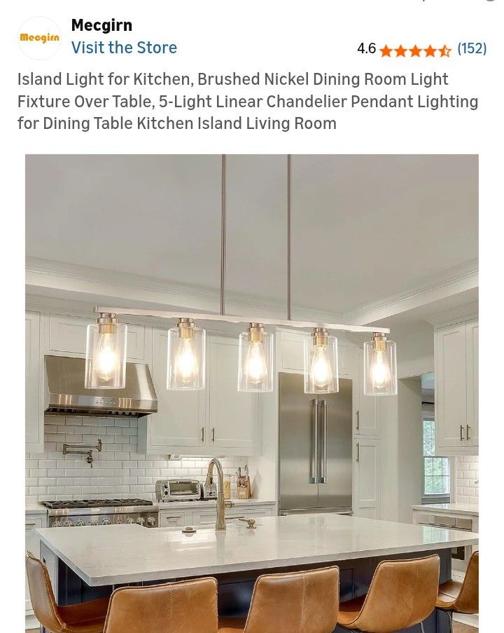 Island Light for Kitchen, Brushed Nickel Dining Room Light Fixture Over Table, 5-Light Linear Chandelier Pendant Lighting for Dining Table Kitchen Isl