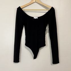 Leith Women’s Ballerina Double Scoop Neck Long Sleeve Bodysuit Black NWT