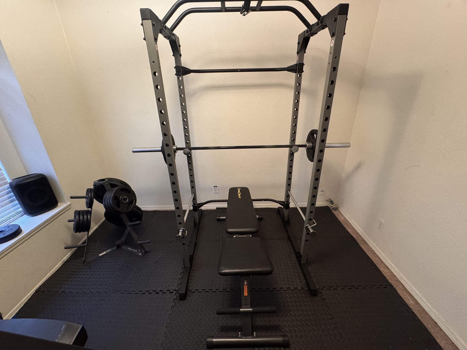 Home Gym Package – Power Cage + Bench + 275lb Olympic Plates + Olympic Bar