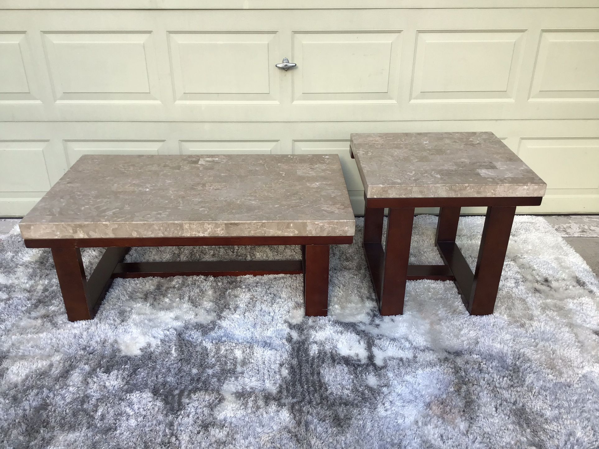 Marble Coffee and End Table With Brown Wooden Base Set