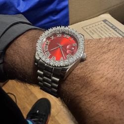 16ctw Moissanite Stainless Steel Watch – Red Roman Dial, Iced Out Bezel