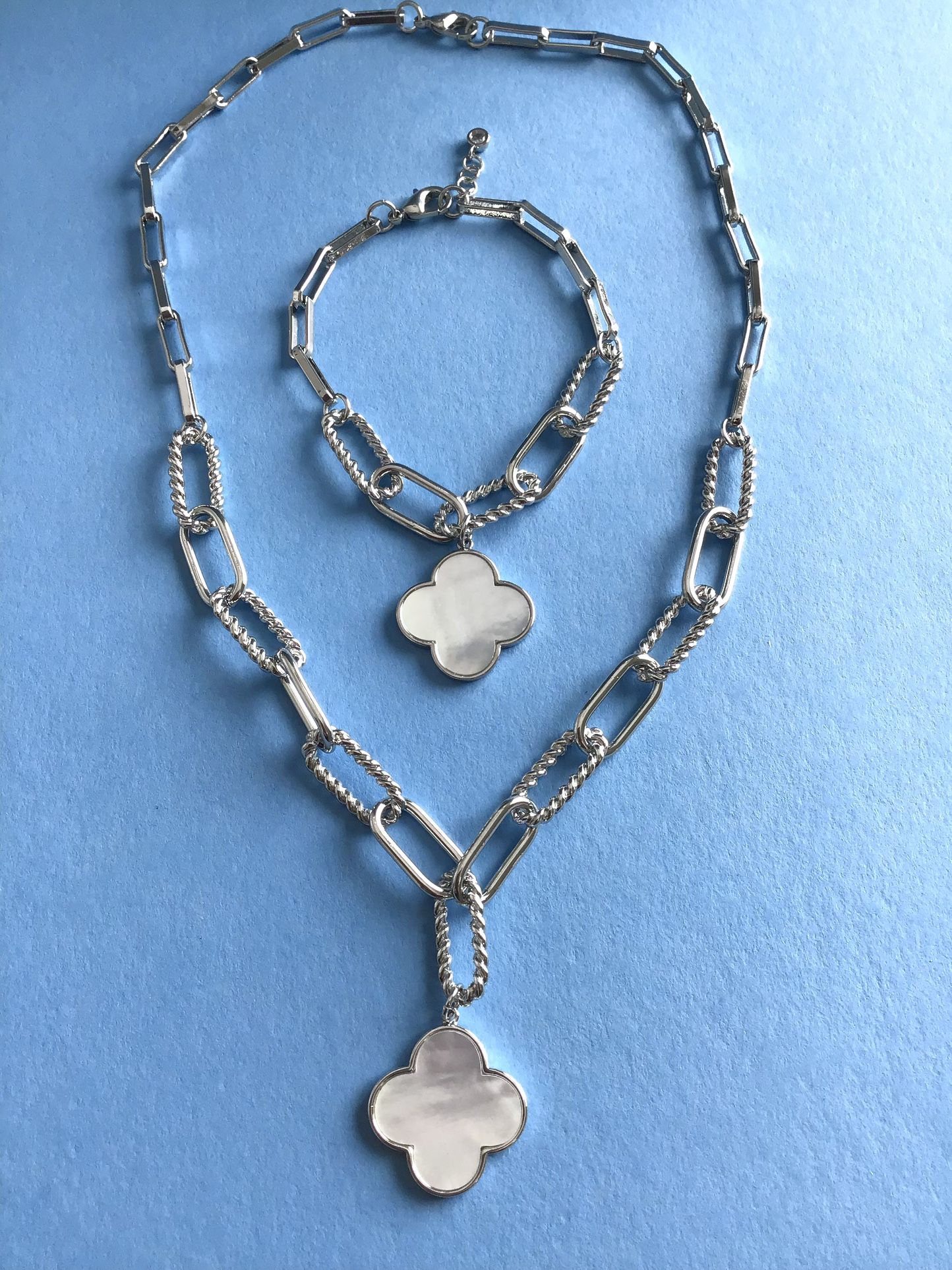 2pc Necklace + Bracelet Set- Silver Cable/Paperclip w/Mother of Pearl Quatrefoil Dangling *Ship Nationwide Or Pickup Boca Raton