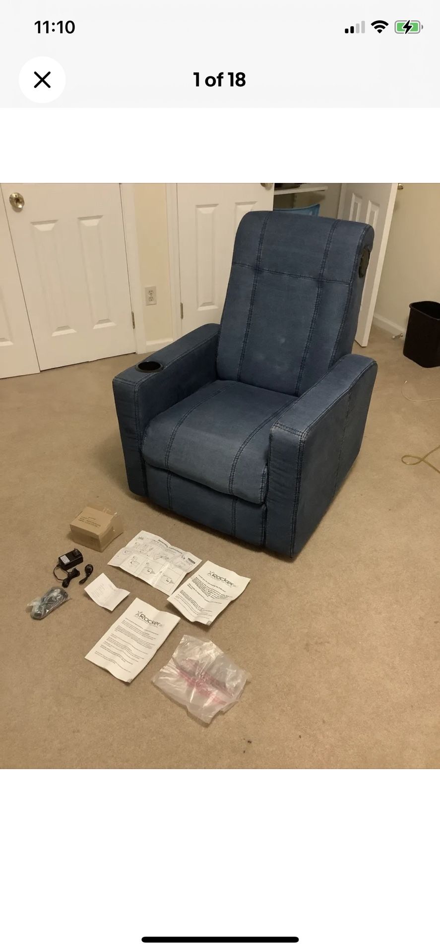 Pottery Barn Teen Denim X Rocker Bluetooth Video Gaming Chair Compact Recliner