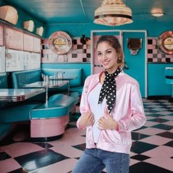 Womens Pink Lady Party Jacket Costume with 50s Women Accessories Set, New