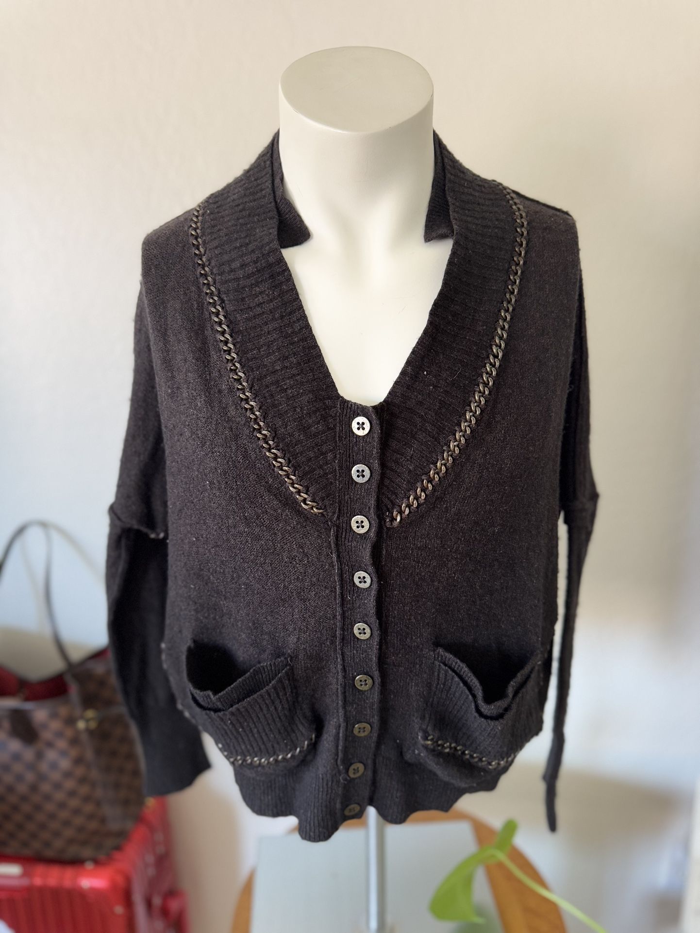 ALLSAINTS Spitalfields from Wasteland Chain Trim Cardigan Gray Wool Cashmere Medium