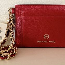 Michael Kors Leather Jet Set Charm ID Chain Card Holder Wallet Wristlet. Crimson Red & Gold. 4"x3.5". 

