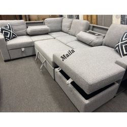 4-Piece Convertible Sectional
Sleeper Sofa W/Fold-Down Table, Chaise Storage, Wireless Charging & Built-in Shelf