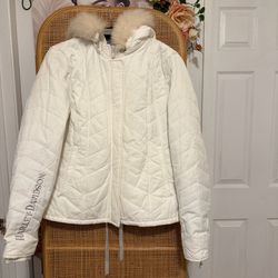 Vintage Harley-Davidson White Quilted Jacket with Faux Fur Hood - SIZE LARGE