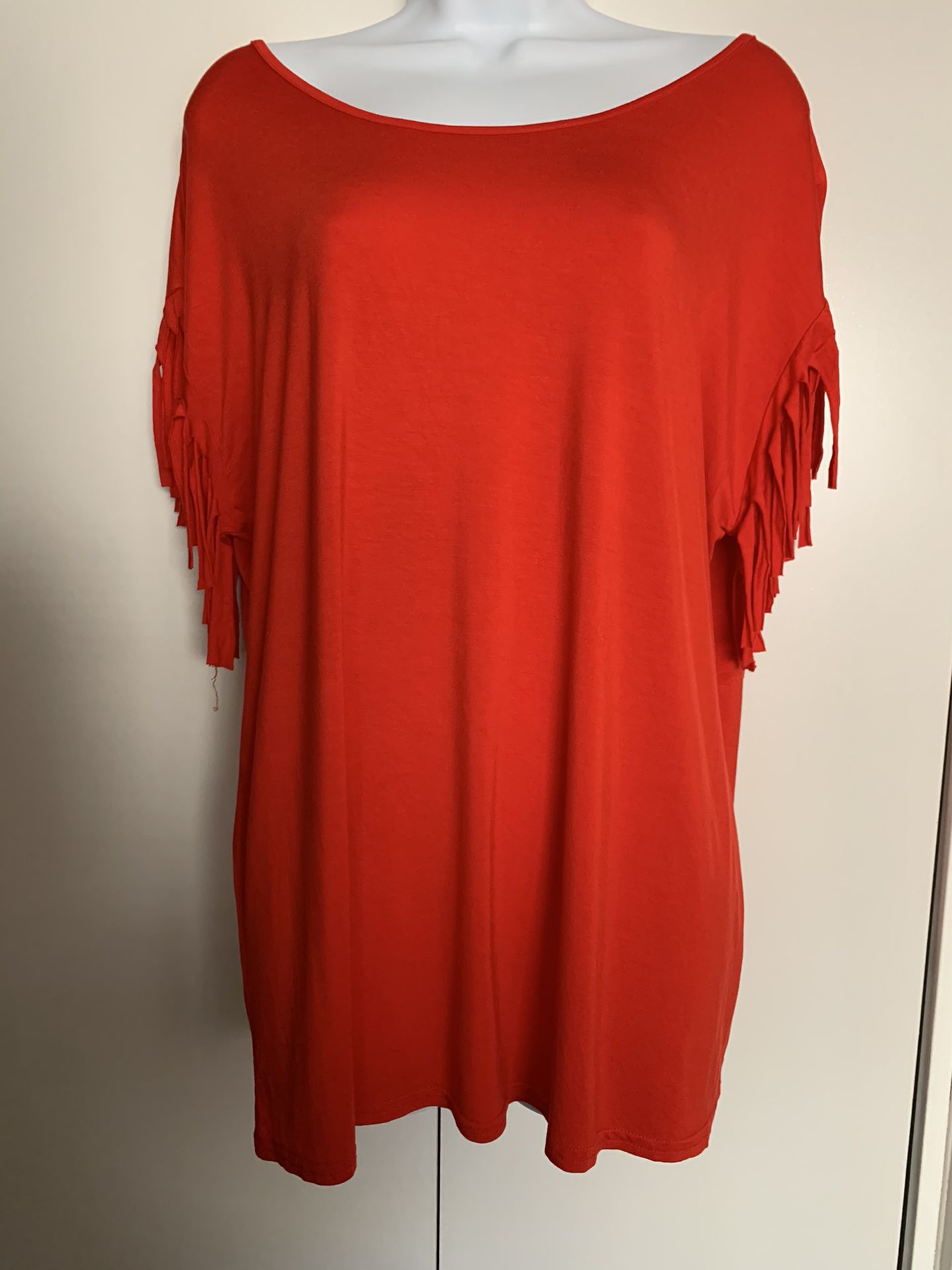 Fringed Sleeve Red Top- Comfy and Cute! Size XL