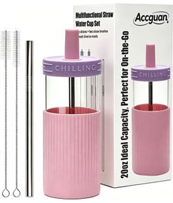 Glass Tumbler with Lid and Straw, 20 oz Clear Jars, Purple, Silicone Sleeve, Dishwasher Safe, BPA-Free