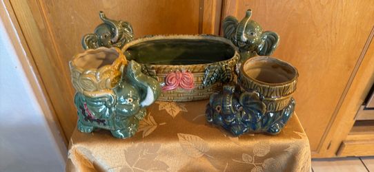 Vintage 3-Piece Majolica Elephant Planter Set – Hollywood Regency Style