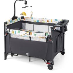 BABY JOY 5-in-1 Pack and Play, Baby Bedside Sleeper with Bassinet, Multifunction Bedside Crib from Newborn to Toddlers, U-Shaped Diaper Changer