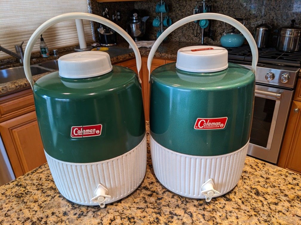 Two Vintage 2 Gallon Green Coolers "Great"