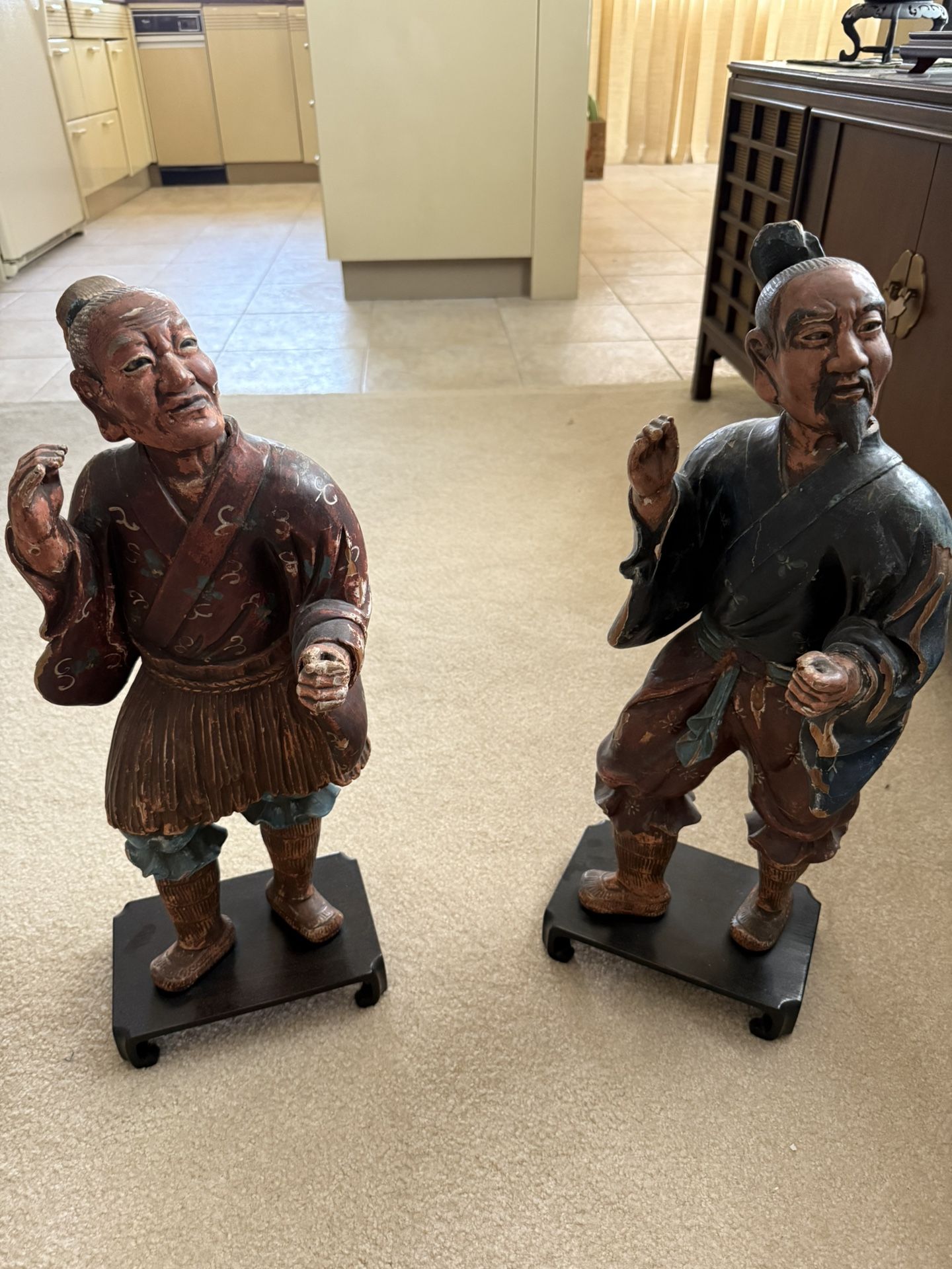 Antique Painted Japanese Wooden Figures