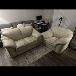 Beige Leather Sofa And Armchair Set 