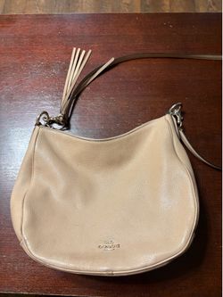 Coach Beige Pebbled Crescent Shoulder Bag Zip Closure Detachable Strap Pockets