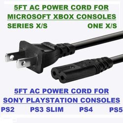 5ft AC Power Cable Cord for PS2 PS3 Slim PS4 PS5 XBOX One S X Series S X & PC