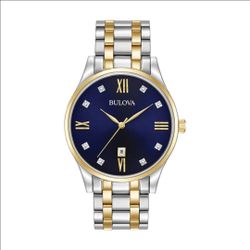 Men's Bulova Diamond Accent Two-Tone Watch with Blue Dial (Model: 98D130)