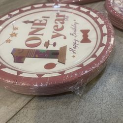 Girl 1st Birthday Party Tableware Set - Pink 'One Year' Themed Birthday Party Dinnerware Includes Plates, Napkins, Cups, First Birthday Decor Supplies