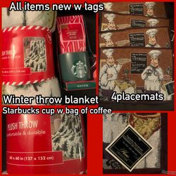 Xmas Bundle Deal $10 Blanket,Starbucks Cup W Coffee,4placemats