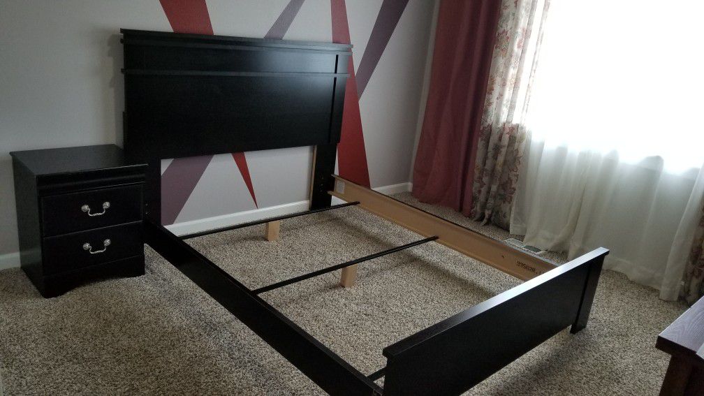 Q size Bed frame with nightstand and mattress