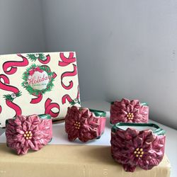 Vintage Poinsettia Christmas Napkin Rings Set of 4 Holiday Decor