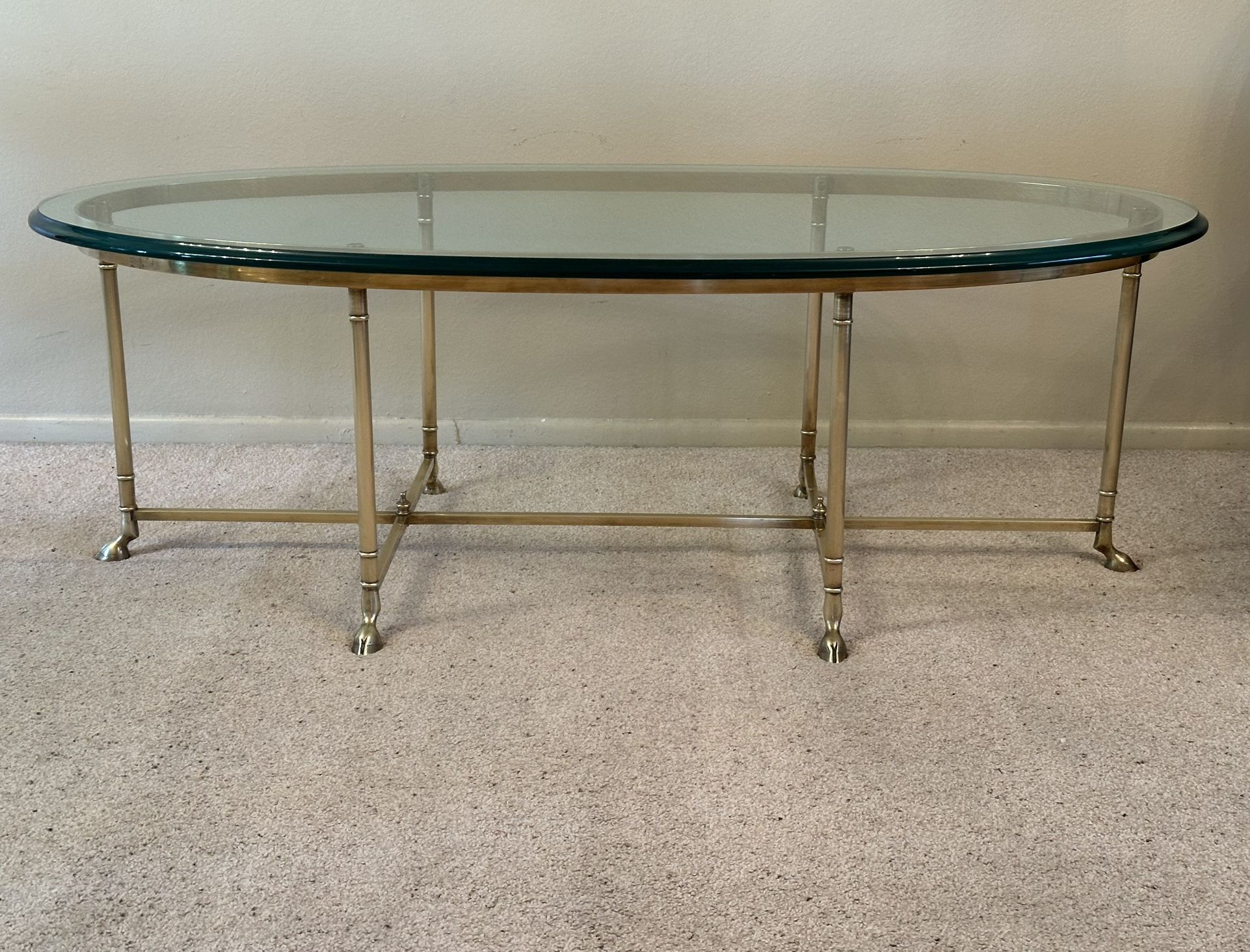 Vintage Antique Large Oval Labarge La Barge Hollywood Regency Glam Italian Solid Brass Thick Glass Coffee Cocktail Table Hoof Feet