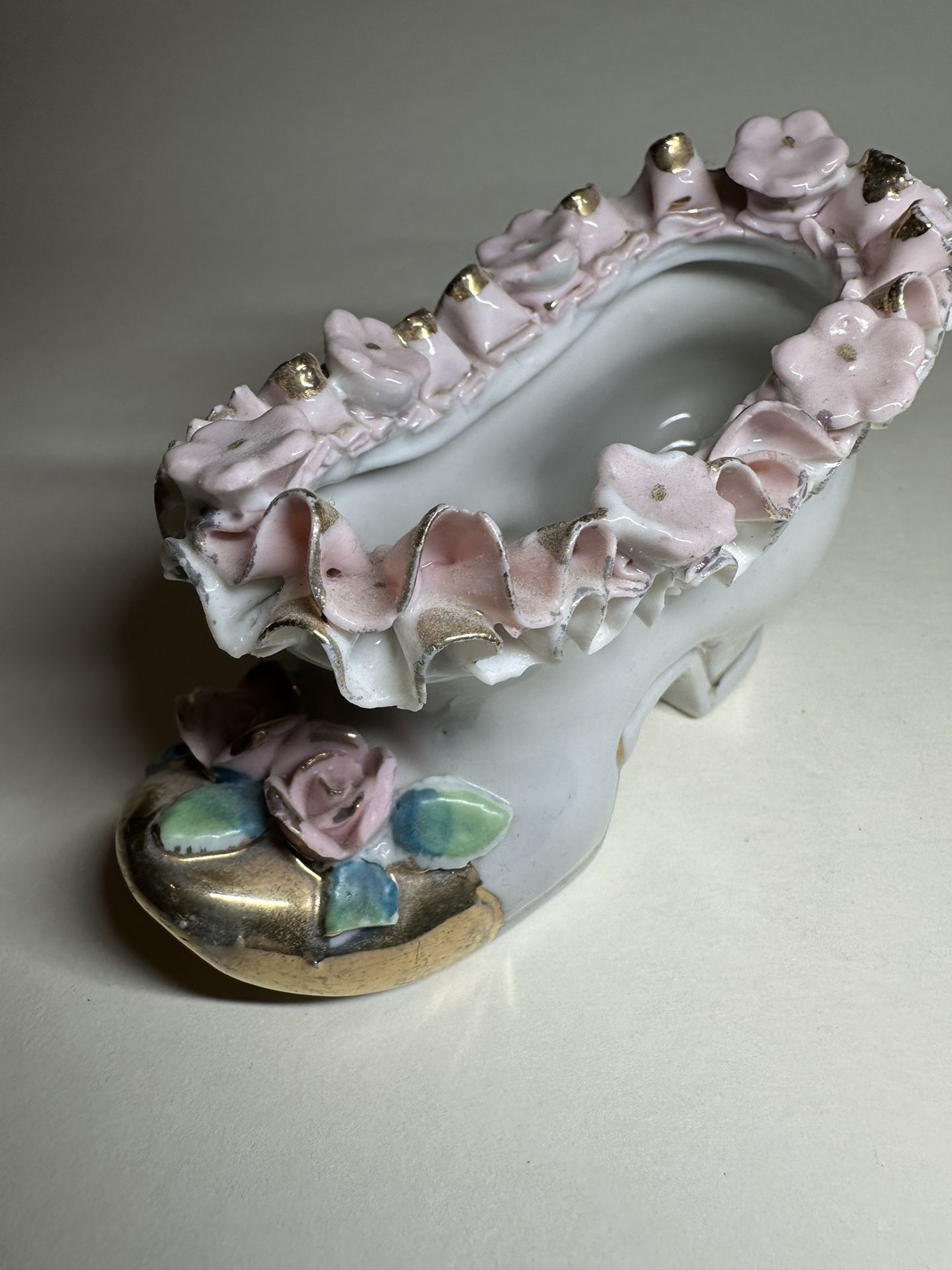 RARE Vintage Bone China Lace Ruffled Shoe w Raised Flowers LTD Edition 1950s