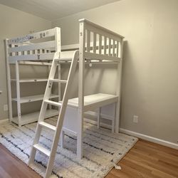 White Loft Bed with Desk, Ladder & Shelving 
