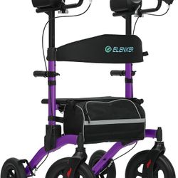 ELENKER All-Terrain Upright Rollator Walker, Stand Up Rolling Walker With Seat