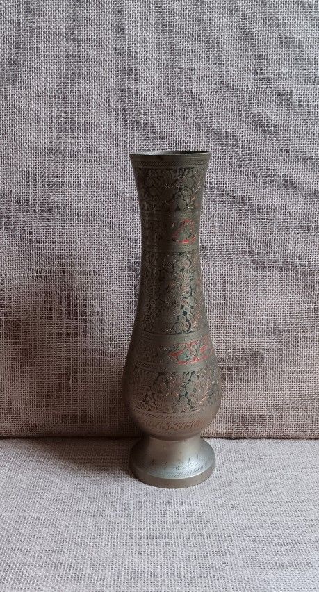 Vintage Carved Brass Bud Vase Made in India, 12" Etched Bud Vase with Multi-color Floral Carvings, Brass Metal Flower Holder, Home Decor