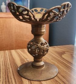 Vintage Taiwan Asian Brass Metal Candle Holder Pricket Chinese Designs