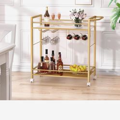 Bar Cart,Home Bar Serving Cart with Storage Shelves, 2 Tier Rolling Beverage Cart with Wheels, Modern Wine Cart with Wine Rack and Glass Holder for Ki