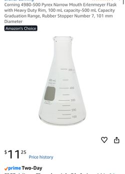 Corning 4980-500 Pyrex Narrow Mouth Erlenmeyer Flask with Heavy Duty Rim, 100 mL capacity-500 mL Capacity Graduation Range, Rubber Stopper Number 7, 1