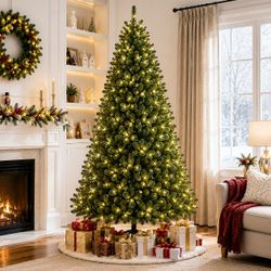 Costway 7 ft. Pre-Lit Artificial Christmas Tree with Realistic PVC Branch Tips, 300 LED Lights, Hinged Branch Design & Foldable Metal Stand - Green (C