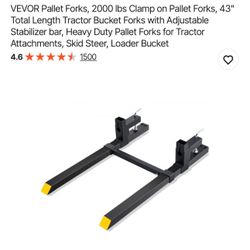 VEVOR Pallet Forks, 2000 lbs Clamp on Pallet Forks, 43" Total Length Tractor Bucket Forks with Adjustable Stabilizer bar