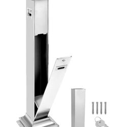 QWORK Stainless Steel Outdoor Trash Bin with Ash Holder and Key Lock, 47.24" All-Metal, Rust & Fire Resistant Waste Container, Silver 