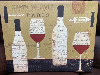 Evening in Paris" 🍷 canvas art picture 27.5"W x 21.5"H Vtg-style wine bottles, postcard background