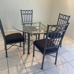 Dining Set Metal And Glass Top Round Glass 48” Diameter And 4 Chairs  
