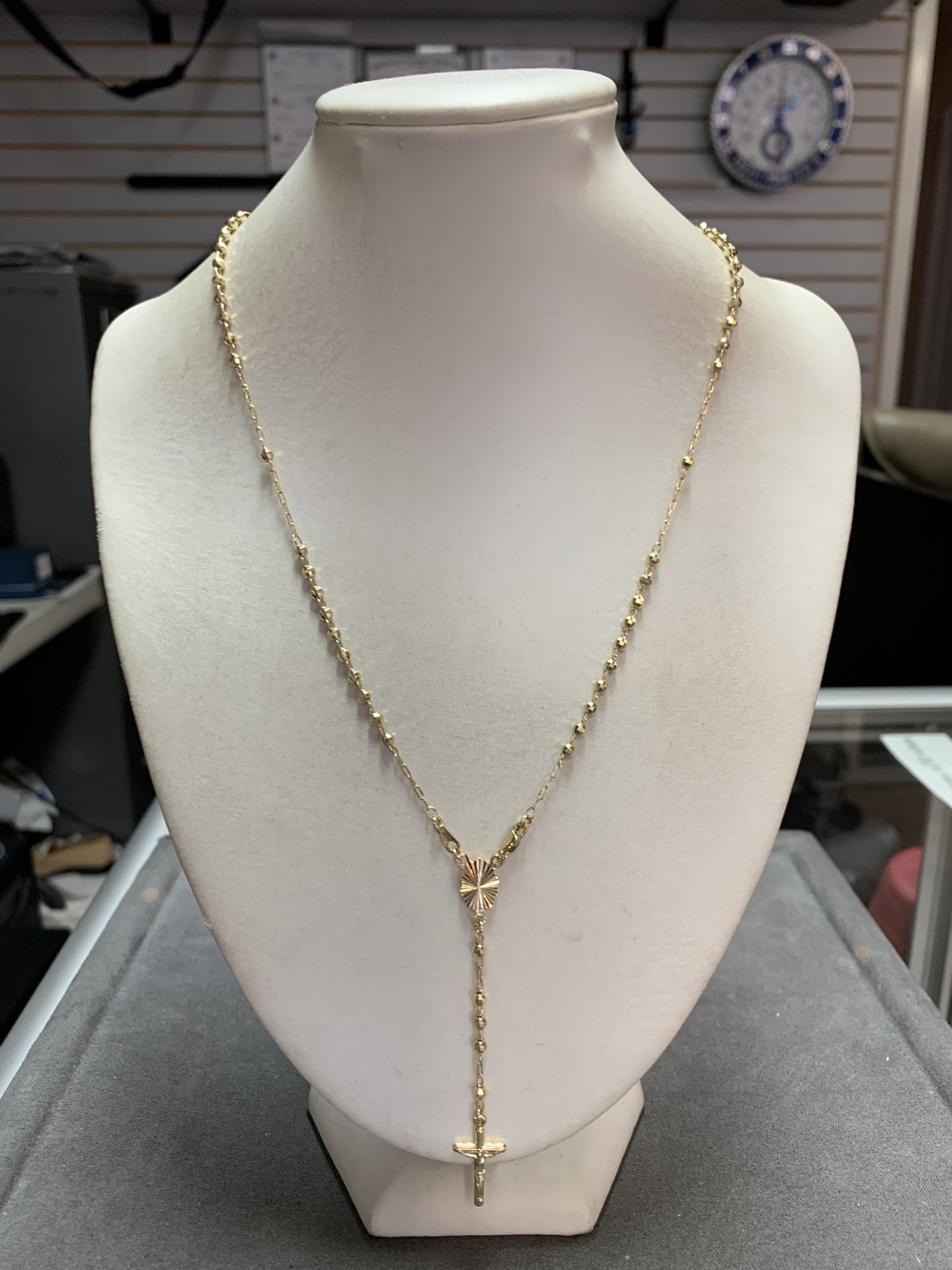 14K Yellow Gold Rosary Cross Chain Necklace
