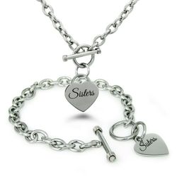Stainless Steel Sisters Heart Tag Charm Bracelet