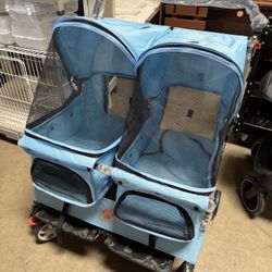 Paws & Pals Double Dog Stroller Easy to Walk Folding Travel Carriage for Pets & Cats - Blue 