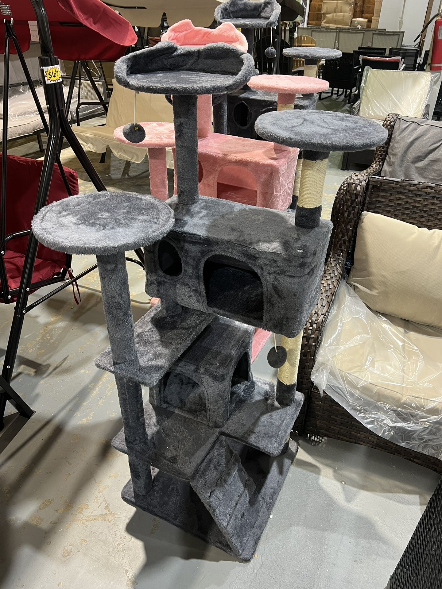 M-New 54in Cat Tree, Multi-Level Cat Tower with Spacious Kitten-ear Perch, 2 Cozy Caves, Scratching Posts, Climbing Ladder, 2 Plush Balls, Durable Pet