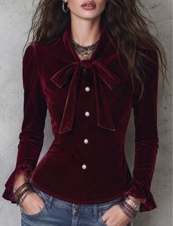 Burgundy Velvet Bow-Neck Blouse