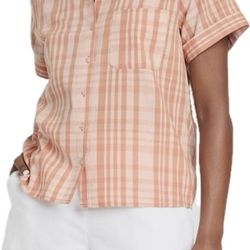 Women's Coral Plaid Short Sleeve Button Down Shirt-Universal Thread (Size Large)