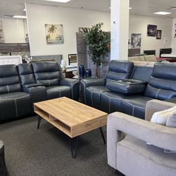 Grey Bonded Leather Reclining Sofa And Love Seat 